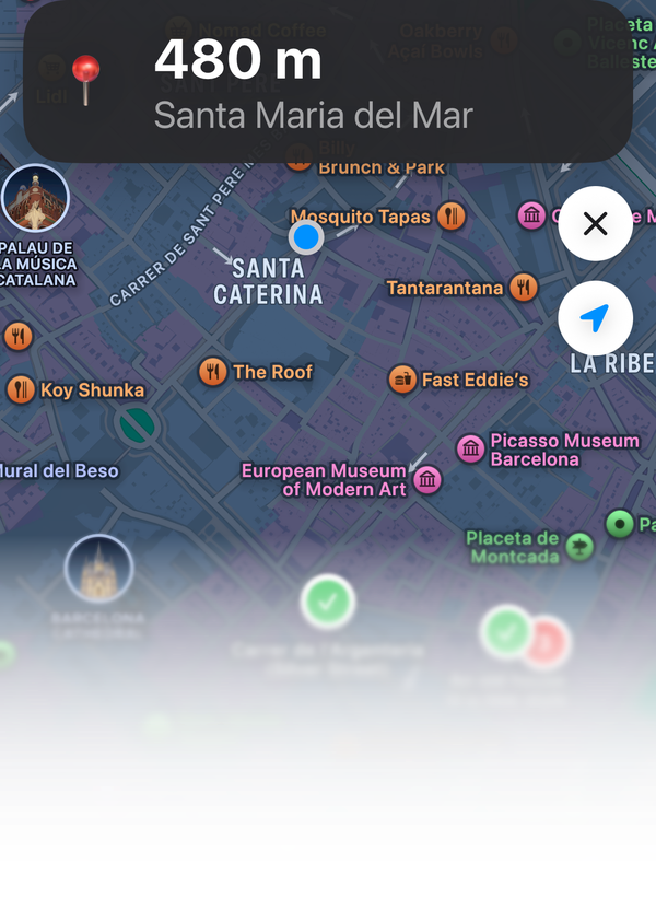 Walking a route: the map shows the next point and how far away it still is.